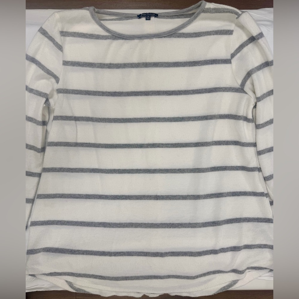 Pink Clover Cream and Gray Striped Long Sleeve Top with button back detail.
